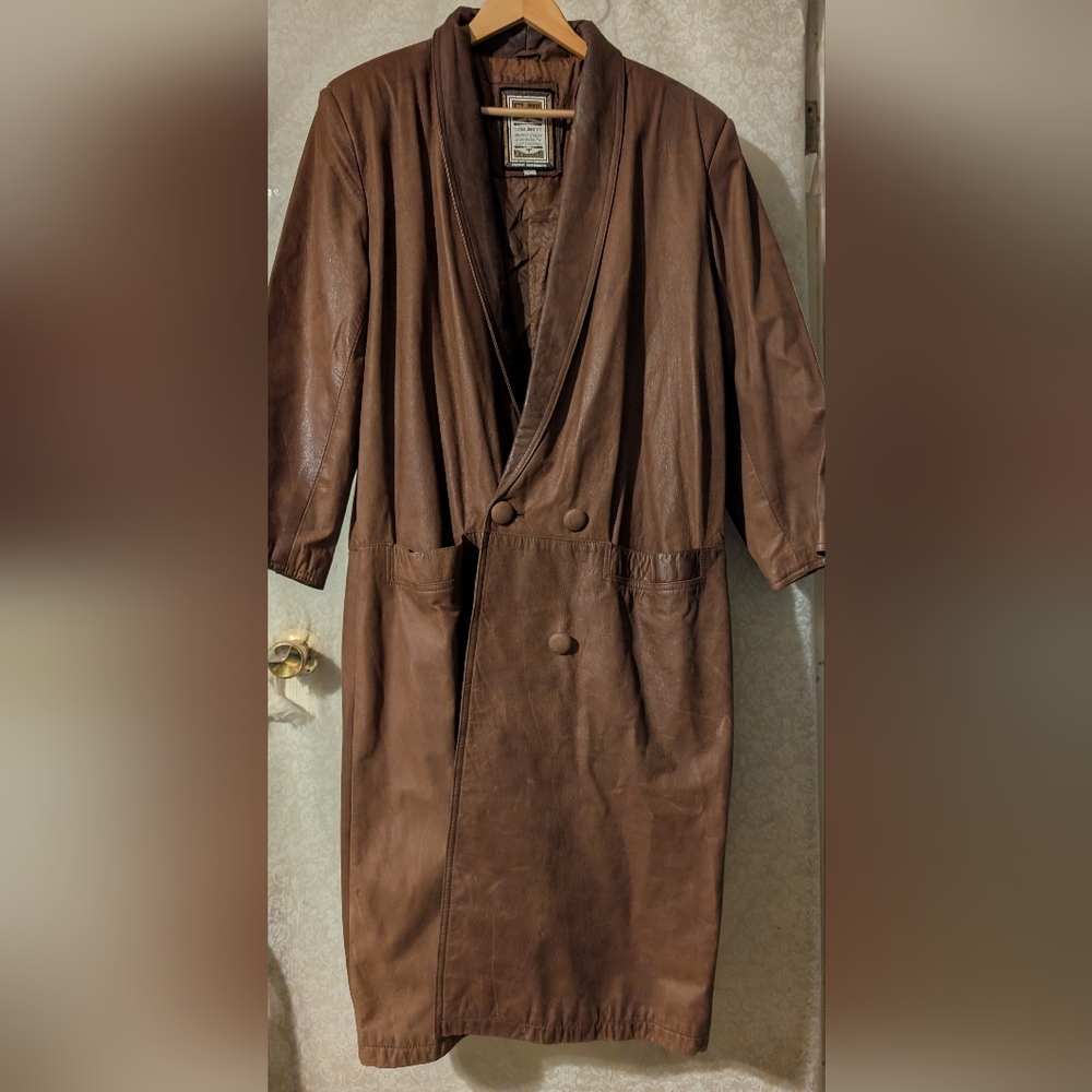 G111 Vintage Brown Leather Trench Coat 80s - Picture 2 of 16
